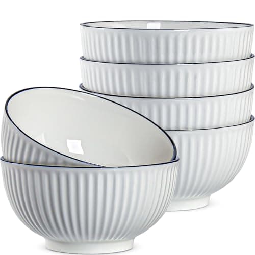Yuanlity 6-Piece 30 oz Modern Ceramic Striped Bowls, Off-White, 6 Inch Diameter, 3 Inch Height, Multi-Purpose (Soup, Cereal, Ramen, Salad), Microwave & Dishwasher Safe - Image 1