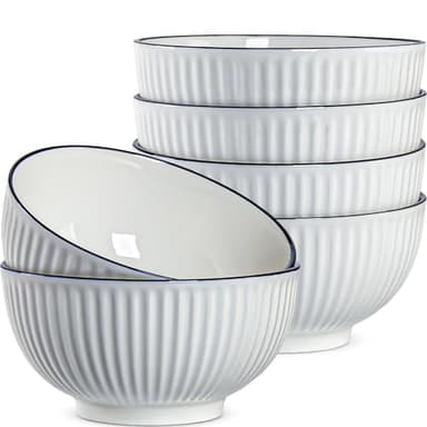 Yuanlity 6-Piece 30 oz Modern Ceramic Striped Bowls, Off-White, 6 Inch Diameter, 3 Inch Height, Multi-Purpose (Soup, Cereal, Ramen, Salad), Microwave & Dishwasher Safe - Image 1