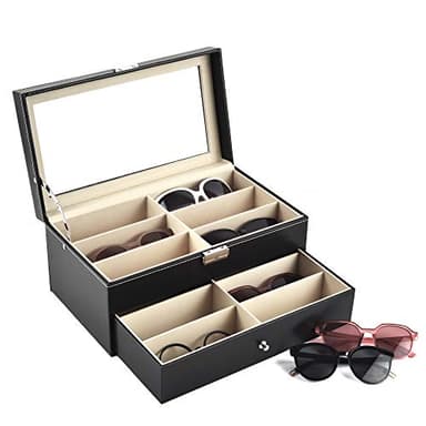 Siveit 12 Grids Sunglass Organizer Leather Eyeglasses Collector Double-Layer Eyewear Display Case Lockable Storage Box, Black - Image 1