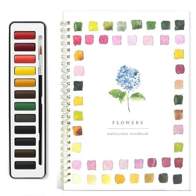 Watercolor Workbooks - Flowers, Beginner-Friendly Watercolor Workbooks, 12 Colors Water color Book Paint Set with Paint Brush - Image 1