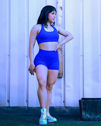 SUUKSESS Women Two Piece Seamless Ribbed Workout Sets Outfits Backless Halter Sports Bra Booty Biker Shorts (Royal Blue, M) - Image 6