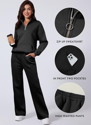 Aleumdr Two Piece Sets for Women Sweatsuit Tracksuits Zip Up Sweatshirt Fleeced Wide Leg Sweatpants 2025 Fall Athleisure Sweat Matching Sets Women Clothing Cotton Lounge Sets Black X-Large - Image 7