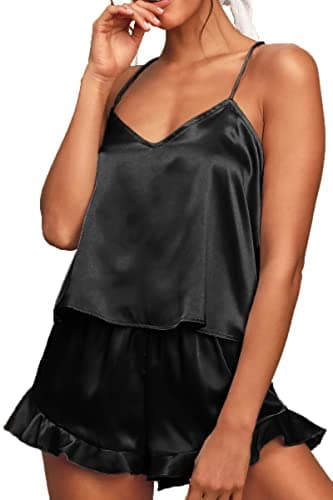CHYRII Women's Sexy Ruffled Racerback Pajamas Sets Satin Silk Cami Shorts Sets Sleepwear Black S - Image 6