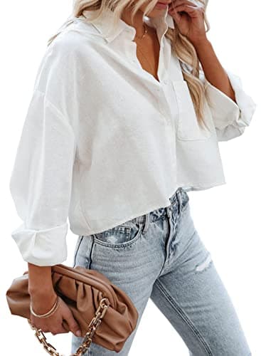 Tankaneo Womens Button Down Cropped Shirts Long Sleeve Casual Crop Tops Solid Lapel Blouse Shirt with Chest Pocket - Image 3
