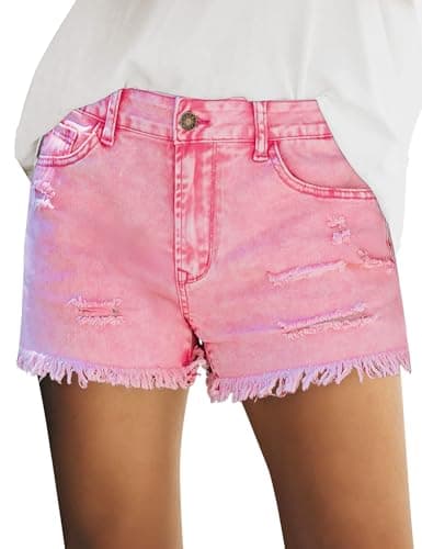 Luvamia Women's Casual Mid Rise Denim Shorts Stretch Ripped Raw Hem Jean Shorts with Fringe Size Large Hot Pink - Image 1