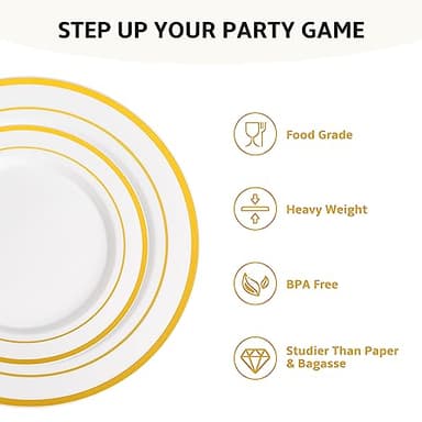 AOZITA 100 Pcs Gold Plastic Plates for Party, Disposable Heavy Duty Plastic Plates - 50 Dinner Plates and 50 Salad Plates for Party Wedding - Image 3
