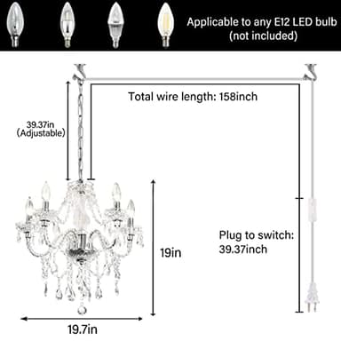 Plug-in 5 Light Crystal Hanging Pendant Lights Acrylic Chandelier with Clear Cord & On/Off Switch H19 D19.7 for Kitchen Island Girls' Room Dining Area Laundry Pavilion. - Image 3