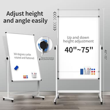 40x28 Inches Mobile Whiteboard, Double Sided Magnetic Dry Erase Board Height Adjustable Whiteboard with Stand for Home Office Classroom - Image 3