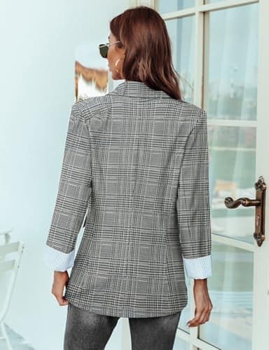 Genhoo Womens Long Sleeve Lightweight Office Work Suit Jacket Boyfriend Blazer M Black White Plaid - Image 4