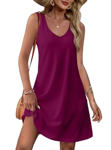 OFEEFAN Swimsuit Coverup for Women 2025 Loose V Neck Sleeveless Dress Sundresses with Pockets Plain Burgundy M - Image 1