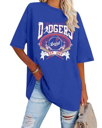 Baseball Shirts for Women Oversized Game Day Sports Fan Shirt Baseball Mama Casual Short Sleeve Tee Blue - Image 1