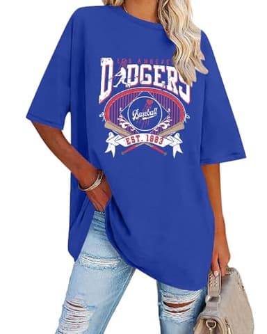 Baseball Shirts for Women Oversized Game Day Sports Fan Shirt Baseball Mama Casual Short Sleeve Tee Blue - Image 1