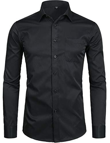 ZEROYAA Men's Long Sleeve Dress Shirt Solid Slim Fit Casual Business Formal Button Up Shirts with Pocket ZSSCL01 Black Medium - Image 1
