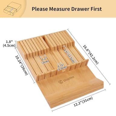 Utoplike In-drawer Knife Block Bamboo Kitchen Knife Drawer Organizer Large, Handle Steak knife Holder without Knives, Fit for 16 Knives and 1 Sharpening Steel (Knives & Sharpening Not Included) - Image 4