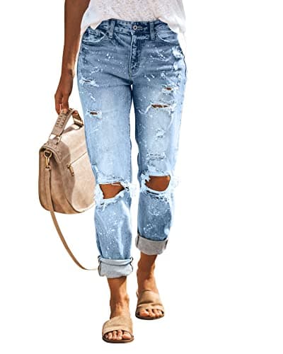 KUNMI Women's Ripped Mid Waisted Boyfriend Jeans Loose Fit Distressed Stretchy Denim Pants - Image 1