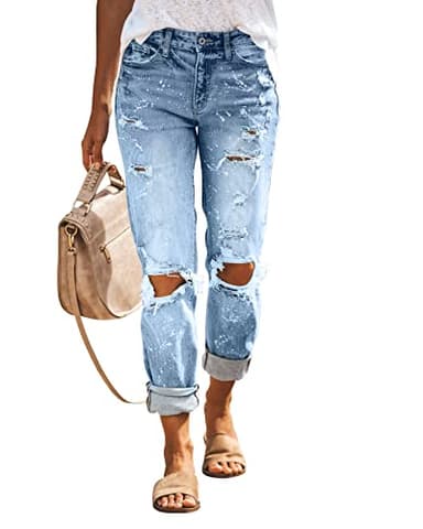 KUNMI Women's Ripped Mid Waisted Boyfriend Jeans Loose Fit Distressed Stretchy Denim Pants - Image 1