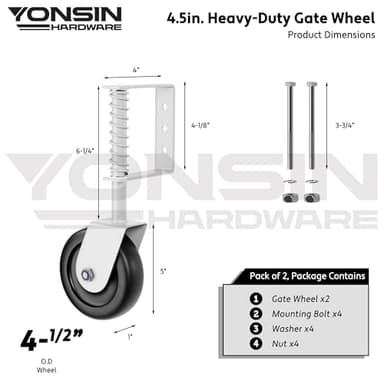 YONSIN 4.3" Heavy Duty Spring Loaded Caster with Bearing, Drag Wheels with 360 Swivel for Wooden Gate, Metal Tube, Anti Sag Kit, 200 Lbs Capacity, 2 Pcs, White - Image 2