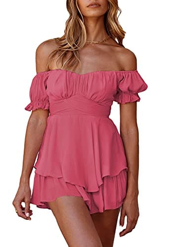 Fixmatti Lady Strapless Jumpsuit Shorts Off The Shoulder Ruffle Chiffon Romper Casual Summer One Piece Outfits Rose Red XL - Image 1