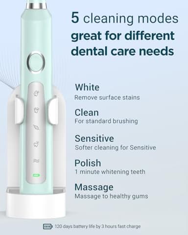 Rtauys M5 Sonic Electric Toothbrush for Adults and Kids - Rechargeable Electric Toothbrush Kids Ages 12+ and Adults with 8 Brush Heads & Travel Case, 120 Days Battery Life - Light Green - Image 5