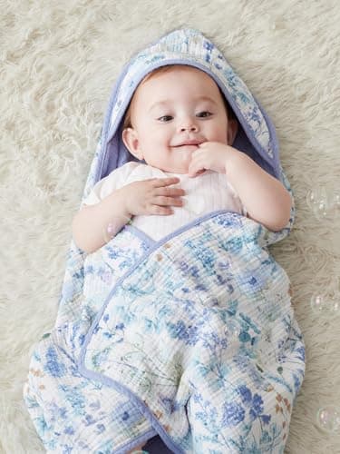 TILLYOU Muslin Hooded Baby Towels for Newborn 2 Pack, 32x32Inch Soft Baby Bath Towel Highly Absorbent for Newborn and Infant, Essential for Newborn Care, Blue Flower - Image 2