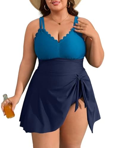 Charmo Women Plus Size Swim Dress Swimsuit Scallop Trim One Piece Tummy Control Bathing Suits Modest Tie Knot Swim Suits Navy Blue 1X - Image 1