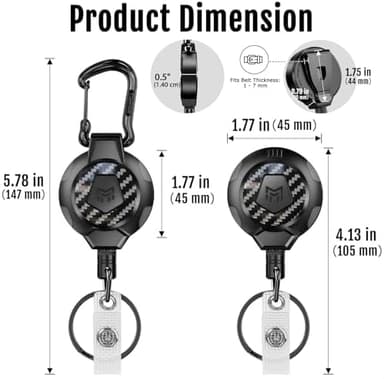 MNGARISTA Upgraded Heavy Duty Retractable Keychain, Belt Clip Ver. & Carabiner Ver., 10 oz Retraction, 31.5" Stainless Steel Cable, 3K Carbon Fiber Tactical ID Badge Reel Key Chain Retractor, 2 Pack - Image 5