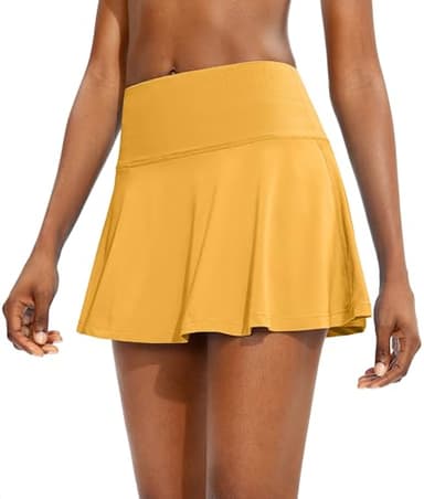 SANTINY Pleated Tennis Skirt for Women with 4 Pockets Women's High Waisted Athletic Golf Skorts Skirts for Running Casual (Yellow_M) - Image 2