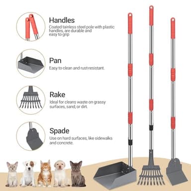 Heeyoo Dog Pooper Scooper, Dog Poop Tray and Rake Set, Pet Waste Removal Scoop with Long Adjustable Sectional Stainless Handles - Image 2