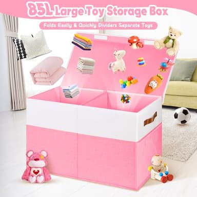 Mabahoo Large Toy Box, Collapsible Sturdy Storage Organize Chest Boxes With Lids, 25"x13"x16" Kids Toy Chest Bin Baskets for Living Room, Bedroom, Nursery, White & Pink - Image 2