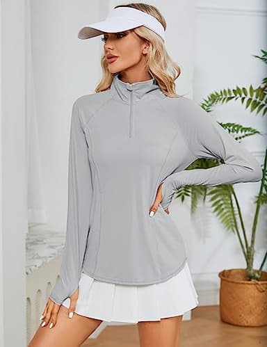 LOMON Womens Workout Tops Long Sleeve 1/4 Zip Uv Sun Protection Quick Dry Hiking Athletic Shirts Rash Guard Upf50+（Grey,M） - Image 7