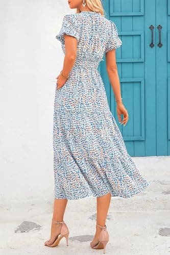 MASCOMODA Summer Maxi Dresses for Women 2025 Casual V Neck Puff Short Sleeve Smocked Flowy Beach Boho Long Floral Dress(Floral Blue White,Medium) - Image 6