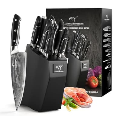 Damascus Kitchen Knife Sets, 9 Pieces Kitchen Knives Set with Block, ABS Ergonomic Handle for Chef Knife Set, Knife Sharpener and Kitchen Shears, Knife Block Set NF-D0603T-B - Image 4