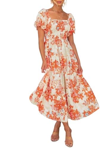 ZESICA Women's 2025 Summer Boho Floral Print Square Neck Ruffle Swing Beach Long Maxi Dress,Tangerine,Medium - Image 1