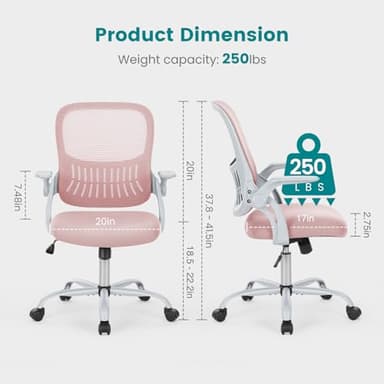 SMUG Computer Desk Chair - Ergonomic Mid-Back Mesh Rolling Swivel Task Chair with Wheels, Comfy Lumbar Support with Flip-up Arms, for Home, Gaming, Study, Student, Pink - Image 3