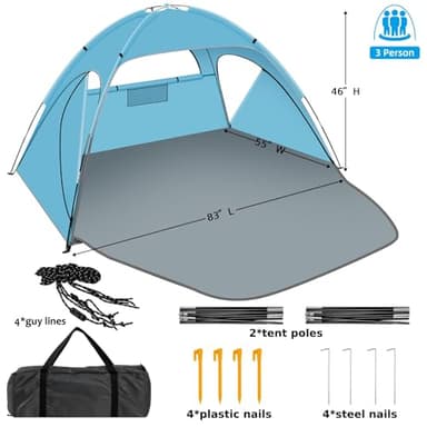 Hoeada Beach Tent Sun Shelter, Beach Shade Tent with UPF 50+ UV Protection for 2-3 Person, Portable & Easy Setup Cabana, 3 Roll Up Doors & 8mm Fiberglass Rods, Carry Bag Included - Image 3