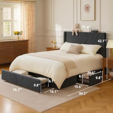 COMHOMA King Size Metal Bed Frame with Upholstered Headboard,Storage Drawers,USB & Type-C Charging Ports,No Box Spring Needed,Dark Grey - Image 2