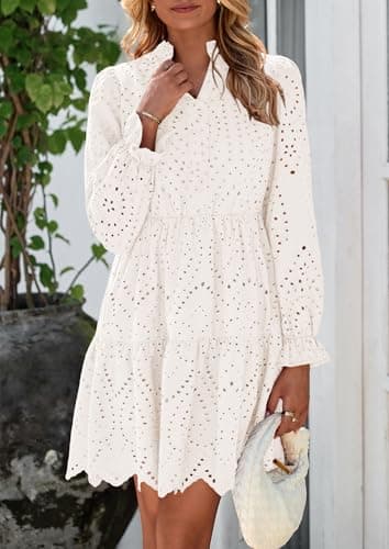 PRETTYGARDEN Women's Spring 2025 Long Puff Sleeve Mini Dress Hollow Out Lace V Neck A Line Ruffle Casual Party Dresses (White,Small) - Image 5