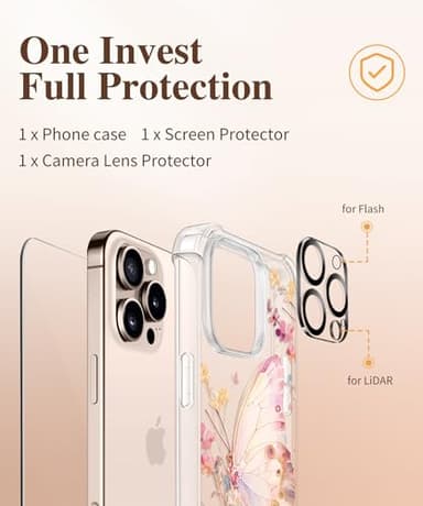 GVIEWIN for iPhone 16 Pro Max Case, with Screen Protector & Camera Lens Protector, Military-Grade Protection, Clear Shockproof Slim Floral Women Phone Case for iPhone 16 Pro Max, Magic Butterfly - Image 9