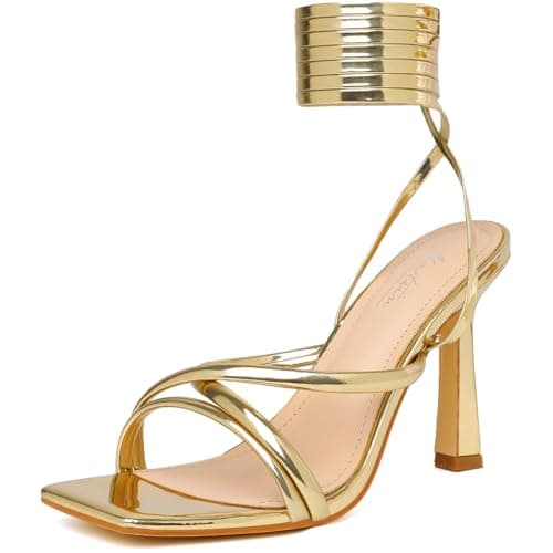 Mostrin Gold Strappy Heels for Women Lace Up Heels Tie Up Stiletto Heeled Sandals Square Open Toe High Heels for Prom, Party and Weddings Size 11 - Image 1
