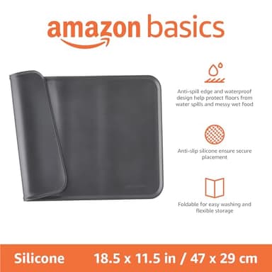 Amazon Basics Waterproof Anti-Slip Silicone Cat & Dog Food Mat, Pet Mats with Raised Edges for Food and Water Bowl to Protect Floors, 18.5 x 11.5 Inches, Black, Solid - Image 2
