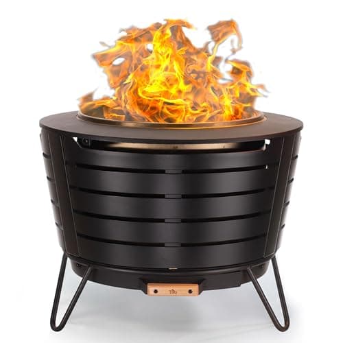 TIKI Patio Fire Pit Bundle – 25-Inch Smokeless Wood Burning Outdoor Fire Pit for Backyard, Patio, Deck & Garden with Removable Ash Pan, Stand & Weather-Resistant Cover – Modern Black Stainless Steel - Image 1