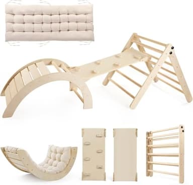 Yopnoyik Pikler Triangle Set with Cushion Large, 5 in 1 Toddler Climbing Toys Indoor, Montessori Foldable Climbing Set for Kids, Wooden Playground Jungle Gym with Ramp, Arch and Ladder (Wooden Color) - Image 1