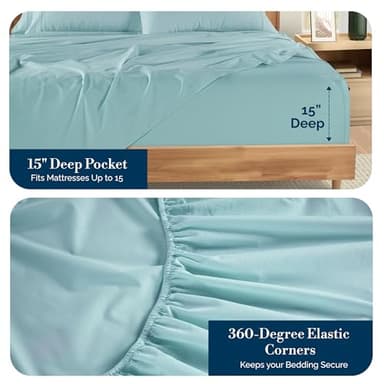 Casa Platino 100% Cotton Sheets Queen Size Set - 6 Pieces (1 Flat, 1 Fitted, 4 Pillowcases) - Soft & Breathable Percale Weave - Cooling Bed Sheets with Deep Pocket - Durable Queen Sheet Set - Blue Sky - Image 3