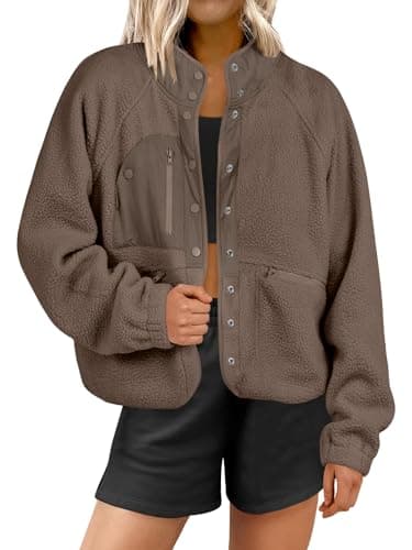 ANRABESS Womens Fuzzy Fleece Jacket Fall Casual Long Sleeve Cropped Sherpa Button Down Shacket Coats Outwear With Pockets Coffee Medium - Image 1