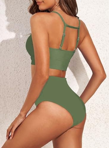 Herseas Women's Bikini Sets High Neck Floral Print High Waisted Longline Two Pieces Swimsuits Seamless Sporty Teens Resort Wear Green Bathing Suits Large - Image 3