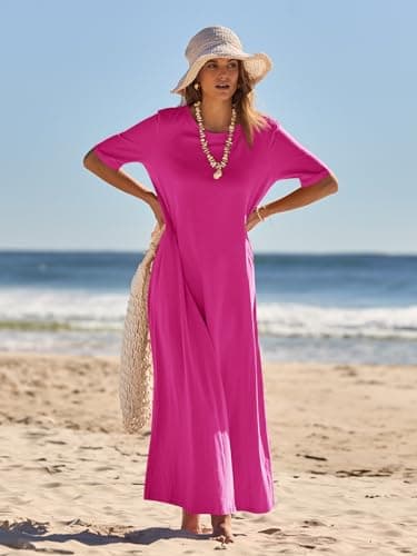 MEROKEETY Women's 2025 Summer Maxi Dress Casual Short Sleeve Beach Vacation Crewneck Basic Long T Shirt Dresses, Rose, Medium - Image 3