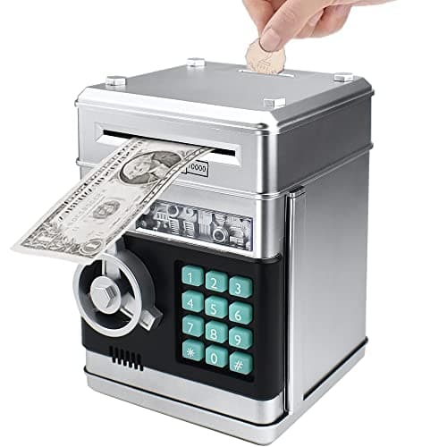 Totola Piggy Bank Electronic Mini ATM for Kids Baby Toy, Safe Coin Banks Money Saving Box Password Code Lock for Children,Boys Girls Best Gift (Silver) - Image 1