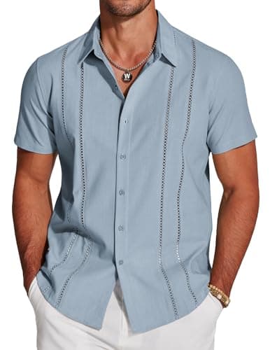 COOFANDY Button Down Shirts for Men Short-Sleeve Solid Linen Shirt Casual Summer Beach Shirt Blue - Image 1