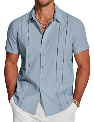 COOFANDY Button Down Shirts for Men Short-Sleeve Solid Linen Shirt Casual Summer Beach Shirt Blue - Image 1