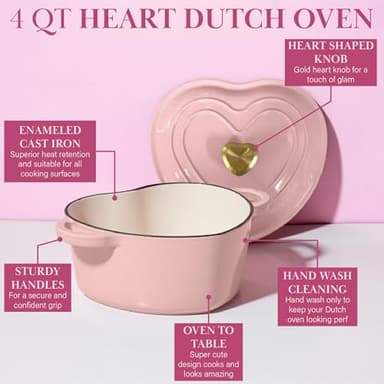 Paris Hilton Enameled Cast Iron Dutch Oven Heart-Shaped Pot with Lid, Dual Handles, Works on All Stovetops, Oven Safe to 500°F, 4-Quart, Pink - Image 5